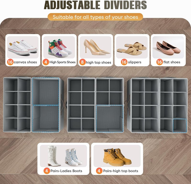 Budding Joy 2 Pack Shoe Organizer for Closet, Clear Foldable Shoe Storage Containers Adjustable Dividers Fits 16 Pairs,Shoe Storage Bins Baskets Boxes with Reinforced Handles Light Grey Greenish Grey - Image 2